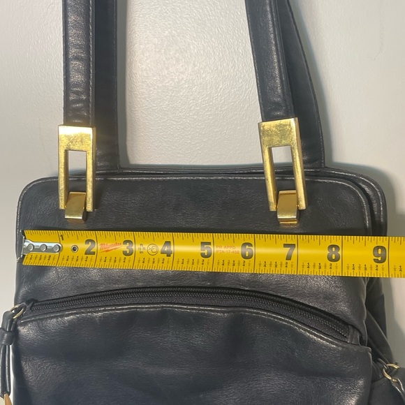 VINTAGE 80s 90s Tempo Design Black Leather Bag Gold Hinge Hardware - Picture 10 of 15